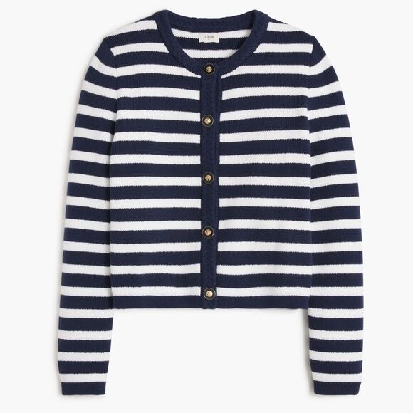 JCREW Striped cotton lady jacket cardigan sweater Navy Blue White XL NWT - Picture 1 of 13